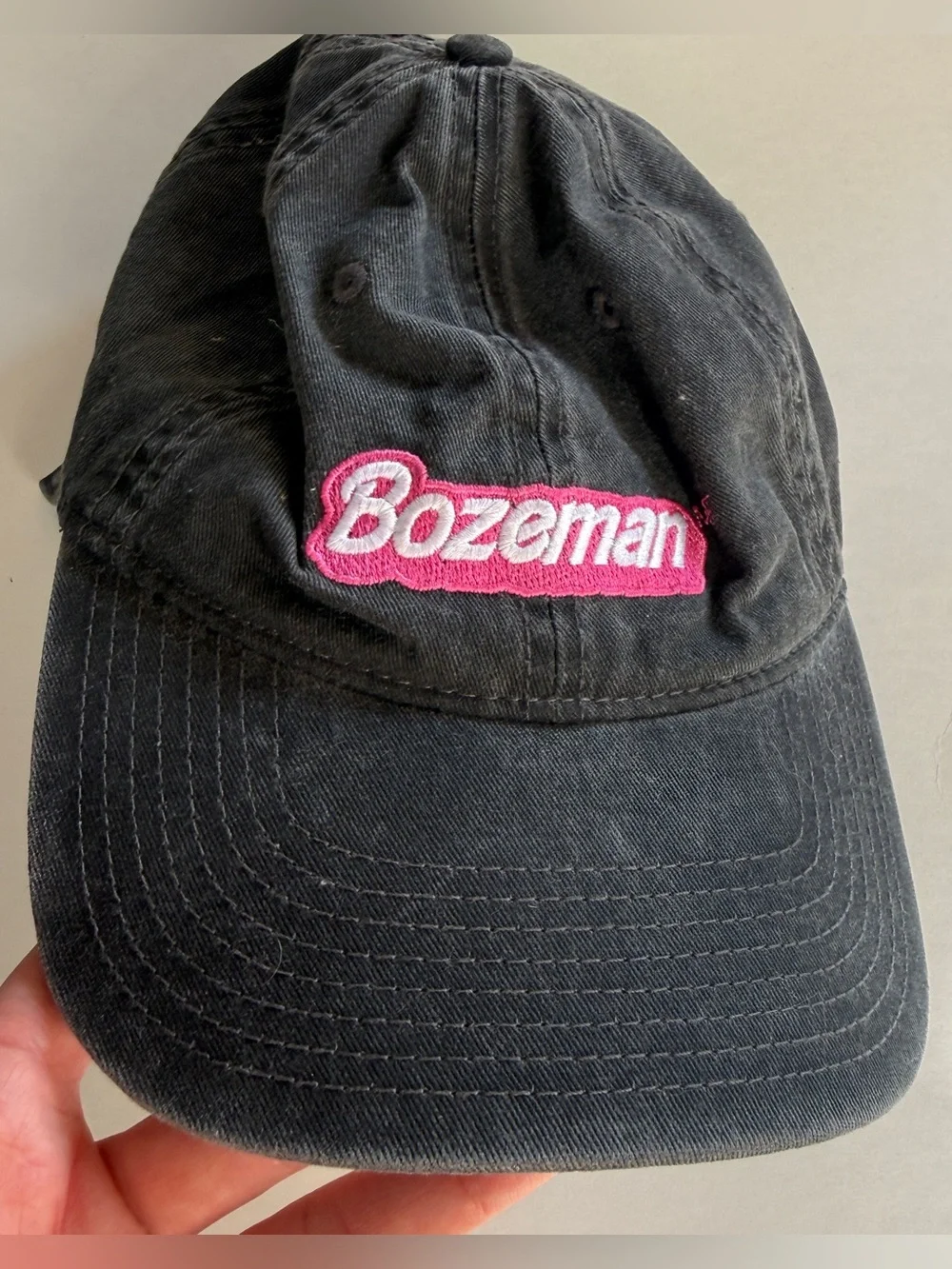 Bozeman Montana Barbie style Embroidered Baseball Cap in washed black cotton